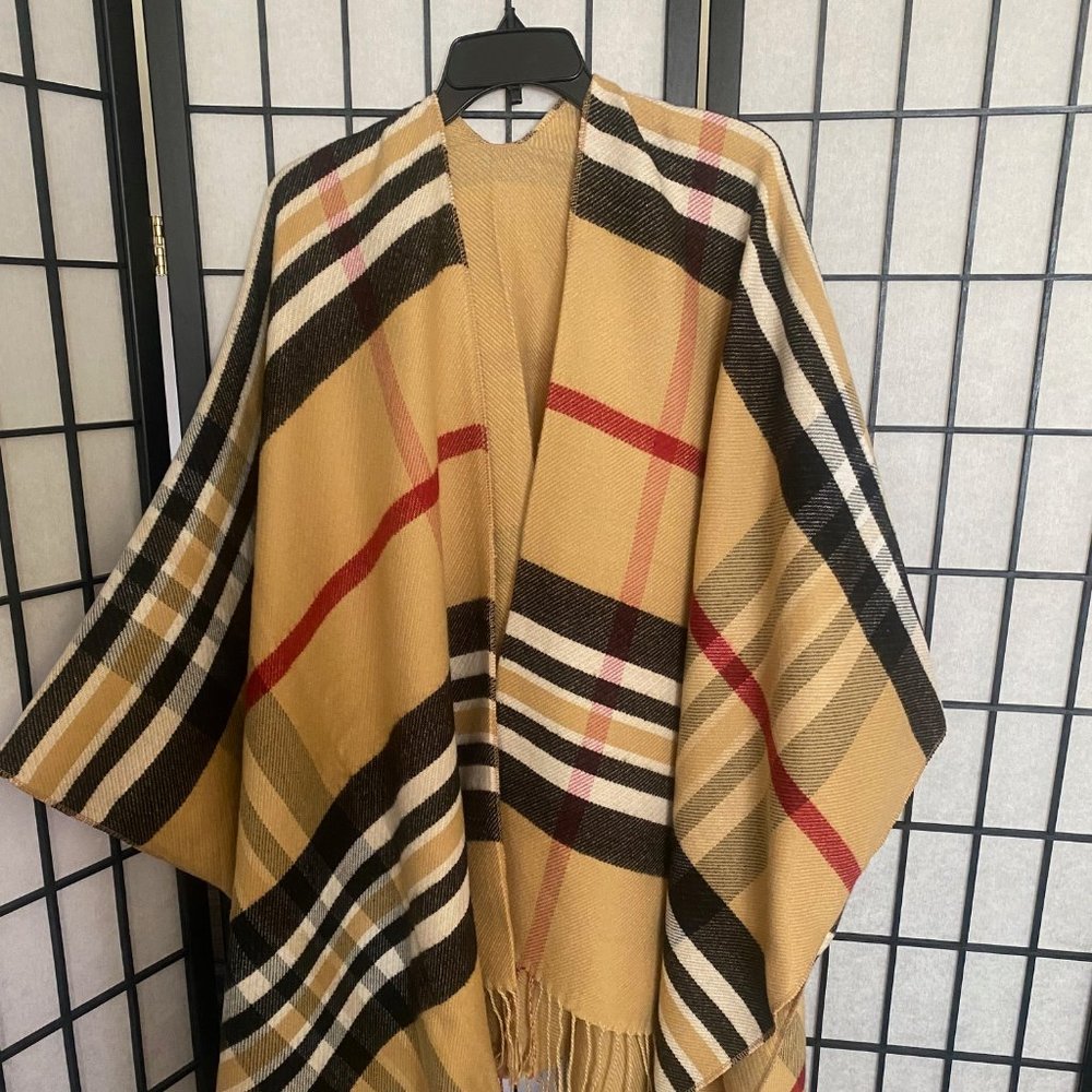 Brand New Reversible Tan, Black, Red, White Poncho, One Size fits most